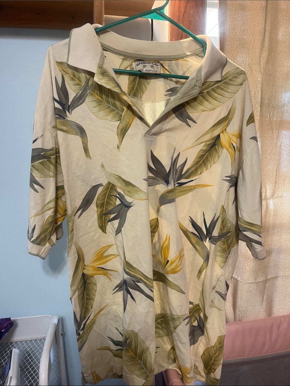 BAMBOO Men's Cream Polo with Green and Yellow Tropical Leaves